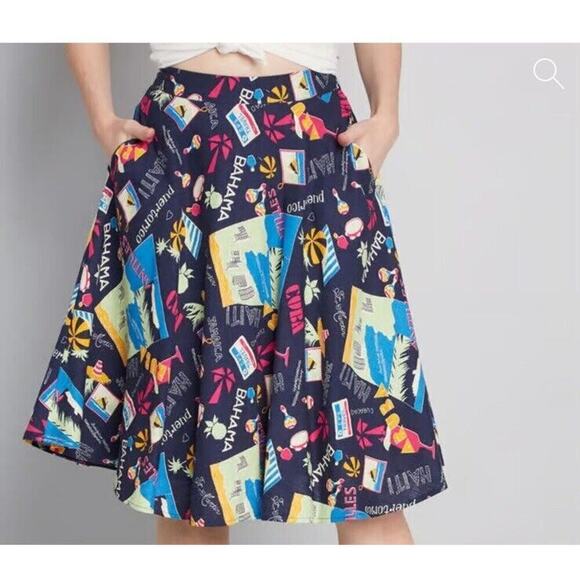 ModCloth Just This Sway Bahama Midi Circle Skirt Sz XS Tropical Beach Cruise - Picture 1 of 11